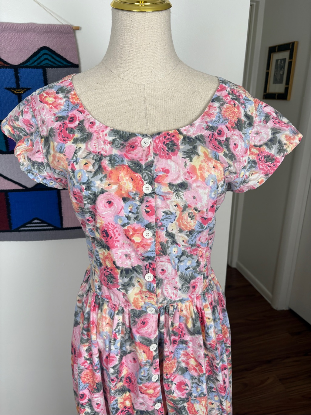 Vtg 90s Starina Cottagecore Floral Short Sleeve Midi Dress
